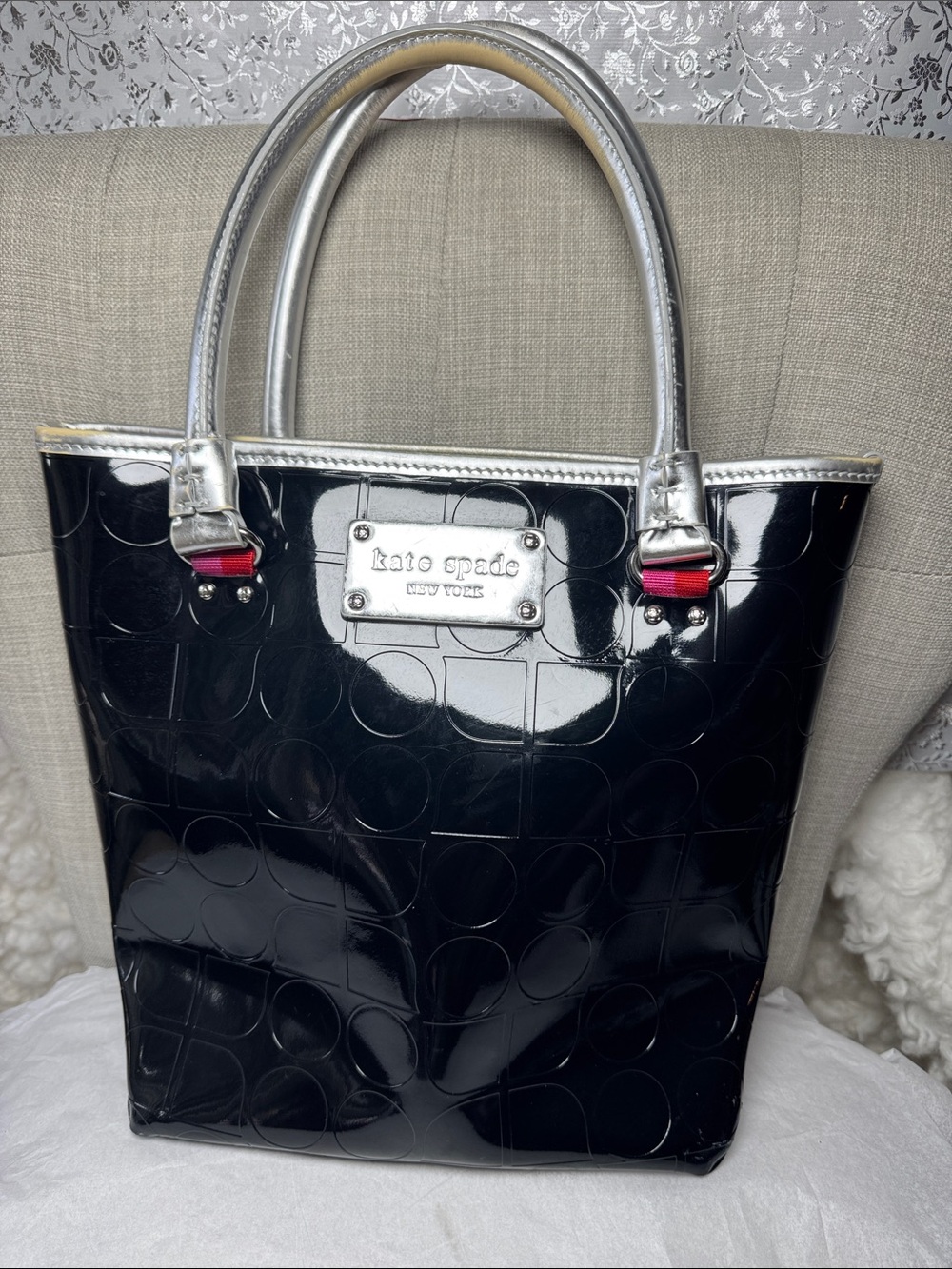 SOLD! SOLD !SOLD !SOLD!kate spade Black )Patent Tote with Silver Handles